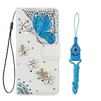 Sparkly Leather Wallet Phone Case with 2Pack Glass Screen Protector and Lanyard, Bling Flip Women Cover (Blue Butterfly Flowers,for Honor 70 5G)