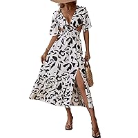 Womens Summer Dresses Allover Print Cut Out Waist Split Thigh Long A-Line Dress