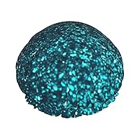 Teal Glitter Print Shower Cap For Women Double Layer Waterproof Bath Cap Elastic Reusable Shower Hat Hair Protection Bath Hat For Spa Salon Bathing Ladies