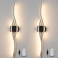 Modern Plug in Wall Sconces Set of Two, RC Dimmable LED Plug in Wall Light, Black Sconce Wall Lighting for Living Room, Hallway, Bedroom