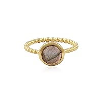 Round Shape Gold Plated Labradorite. Designer Band Gemstone Brass Checker Cut Stacking Ring