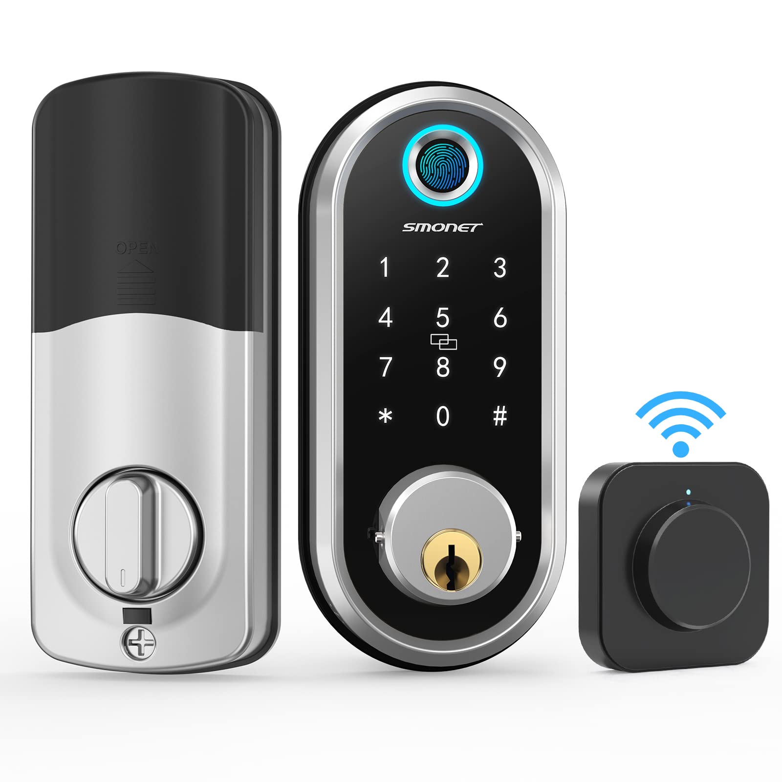Smart Deadbolt, SMONET Fingerprint Electronic Deadbolt WiFi Door Lock with Keypad-Bluetooth Keyless Entry Keypad Smart Deadbolt App Control, Ekeys Sharing, Auto Lock for Homes and Hotel(with Gateway)