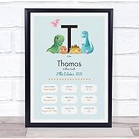 The Card Zoo New Baby Birth Details Christening Nursery Dinosaur Initial T Gift Print