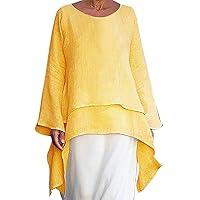 Women Linen Fashion Flowy High-Low Hem Tunic Tops Summer Long Sleeve Crewneck Casual Loose Solid Patchwork Tee Shirt