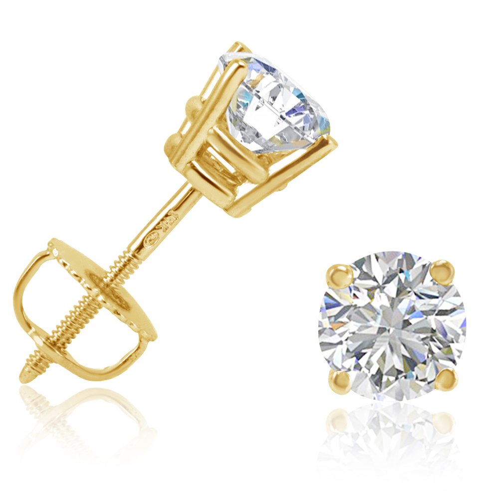 AGS Certified 1ct TW Round REAL Diamond Solitaire Stud Earrings in REAL 14K Yellow Gold or 14K White Gold with Screw Backs