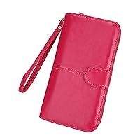 Andongnywell Women's RFID Blocking Large Capacity Luxury Wax PU Leather Clutch Card Holder Organizer Wallet Purse for Women (Rose Red)