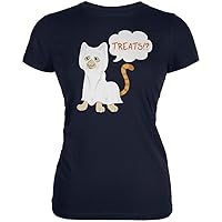 Halloween Ghost Treats Cat Navy Juniors Soft T-Shirt