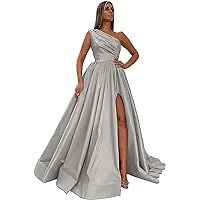 Women's One Shoulder Satin Prom Dresses Long Ball Gown Slit Ruched Evening Formal Dress with Pockets