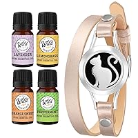 Wild Essentials Pretty Kitty Cat Essential Oil Leather Wrap Bracelet Diffuser, Gift Set, Lavender, Lemongrass, Peppermint, Orange Oils, 12 Pads, Customize Color Changing Perfume Jewelry, Aromatherapy