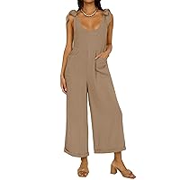 ZESICA Women's Summer Loose Sleeveless Jumpsuits Linen Adjustable Straps Oversized Wide Leg Long Overall Rompers with Pockets