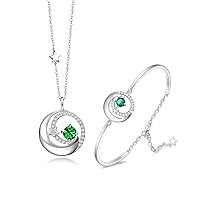 Moon Star Jewelry set, May Birthstone Necklace Bracelet 925 Sterling Silver Emerald Pendant Green Fine Jewelry Anniversary Birthday Gifts for Girls Mom Daughter, Adjustable Chain 16