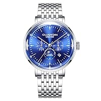Men Calendar Analog Automatic Self Winding Mechanical Wrist Watch with Steel Band Moon Phase (Silver Blue)