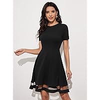 Fall Dresses for Women 2022 Zipper Back Sheer Mesh Insert Dress (Color : Black, Size : Large)