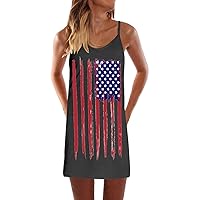 July 4th Womens American Flag Print Cami Mini Dress Summer Spaghetti Strap Sleeveless Casual Swing Tunic Dresses