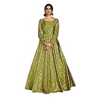 Mehendi Green Stylish Trending Girl College Party wear Silk Flairy Anarkali Gown Foil Work Woman Indowestern Dress 2833