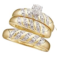 The Diamond Deal 10kt Yellow Gold His Hers Round Diamond Solitaire Matching Bridal Wedding Ring Band Set 1/20 Cttw