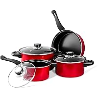 Imperial Home 7 Pc Carbon Steel Nonstick Cookware Set, Pots & Pans, Dishwasher Safe Cooking Set, Kitchen Essentials (Red)