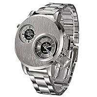 TOPOB Mens Quartz Watch, Unique Fashion Design Watches with Round Dual Dial Stainless Steel Case Band (Silver)