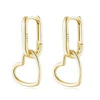 Solid 925 Sterling Silver Heart Drop Earrings Hoop for Women Teen Girls Minimalist U Hoop Earrings Link Drop Earrings