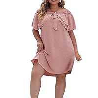 Capelet Sleeve Off Shoulder Tunic Dress Women Summer Swiss Dot Cute Knee Length Dress Plus Size Casual Chiffon Dress