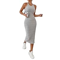 Women's Dress Dresses for Women Solid Halter Neck Bodycon Dress Dress (Color : Gray, Size : Small)