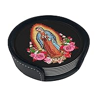 Virgen De Guadalupe Virgin Mary Flowers Coasters Tabletop Protection Mat Leather Coasters for Bar Kitchen Home Apartment Protect Furniture Coaster