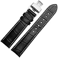 18mm 20mm 22mm Stitches with Genuine Leather Watch Band Strap Silver Steel Butterfly Watch Buckle (Color : White, Size : 22mm Silver Clasp)