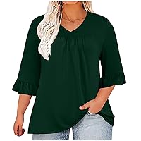 Womens Plus Size Tops 3/4 Ruffle Sleeve T Shirts Casual V Neck Pleated T Shirt Loose Fit Tunic Dressy Blouses L-5XL