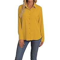 Women Fashion Lapel Beach Long Sleeve Shirt Solid Color Collared Work Blouse Pocket Linen V Neck Button Down Shirt