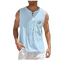 Men's Cotton Linen Tank Tops Stylish Sleeveless Lace Up with Pocket Shirt Casual Beach Summer Shirts