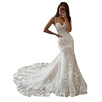 Women's Spaghetti Strap Sweetheart Lace Mermaid Wedding Dresses for Bride with Train Bridal Ball Gowns