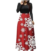 Christmas Maxi Dresses for Women 2024 Long Sleeve Crewneck Long Dresse Snowflake Printed Casual Cocktail Party Dresses