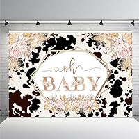MEHOFOND Boho Cow Oh Baby Backdrop for Girls Baby Shower Blush Pink Floral First Holy Cow Boho Pampas Grass Black White Cow Print Photography Background Farm Cow Theme Baby Shower Decorations 7x5ft