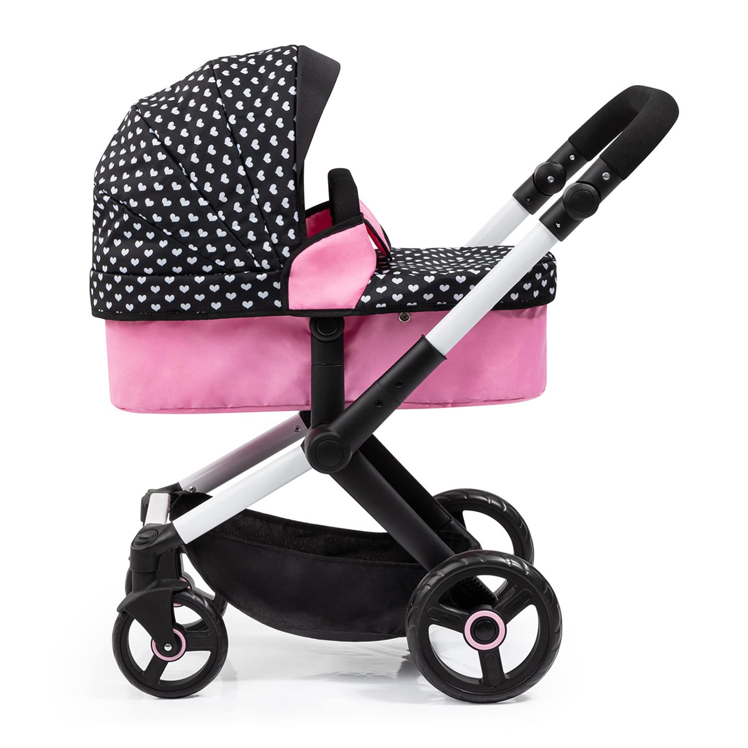 Bayer Design Dolls: Pram Xeo: Hearts Black & Pink - Matching Handbag, Adjustable Handle, for Dolls Up to 20
