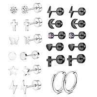 12 Pairs Stainless Steel Stud Earrings Set for Women Men Star Moon flower Heart 20G Cartilage Helix Small Hoop Earrings Hypoallergenic Flatback Earrings Piercing Jewelry