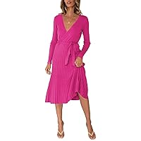 Pink Queen Women's Wrap Sweater Dress V Neck Long Sleeve Ribbed Swing Knit Midi Dresses with Belt