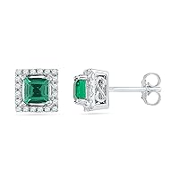 1.12ctw Lab Created Emerald & Natural Diamond Princess Cut Square Halo Stud Earrings