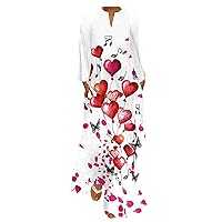 Women's Casual V-Neck Printed Long Sleeve Pocket Dress Long Dress