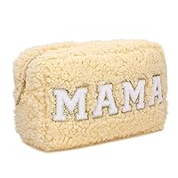 Preppy Makeup Bag Plush Chenille Letter Pouch Zipper Makeup Bag Preppy Large Cosmetic Bags for Women Travel with Chenille Letter Patches (MAMA Beige)