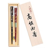 Kawai Japanese Wooden Chopsticks Reusable 2 Pairs in Gift Box, Nippon Scenery Sakura Gold Black and Red [ Made in Japan /Handcrafted ]