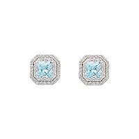 Gemstone Stud Earrings Rhodium Plated Sterling Silver Stud Lab Created Square Topaz Blue Cubic Zirconia White November