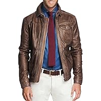 Brown New Men's Genuine Lambskin Leather Slim Fit Biker Motorcycle Jacket For Men LLML178