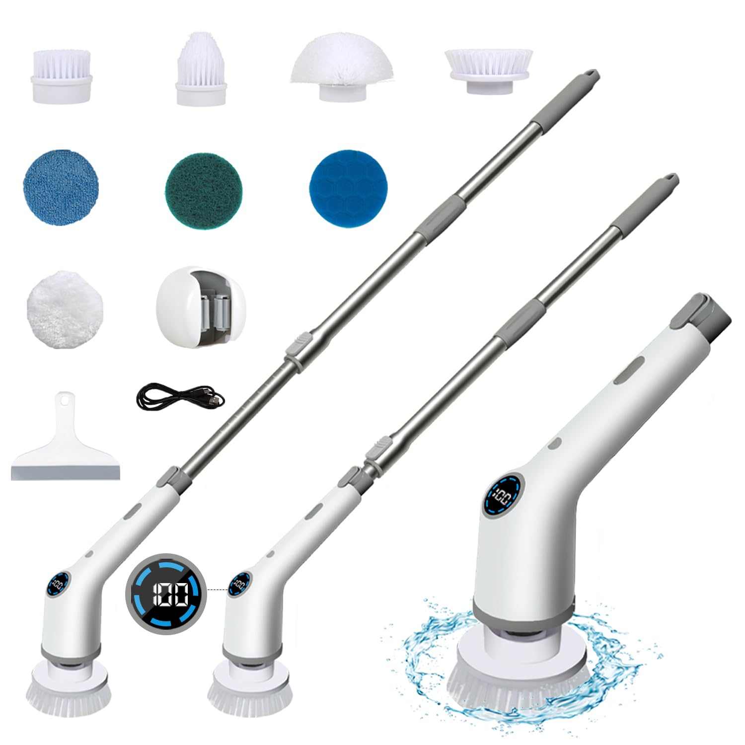 Electric Spin Scrubber, 2023 New Cordless Shower Scrubber with 9 Replacement Head, Plus Water Scraper, Mop Holder, 3 Adjustable Speeds and Adjustable Extension Handle for Bathtub Kitchen Floor