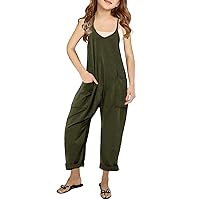 Girls Casual Jumpsuits Spaghetti Strap Sleeveless Loose Romper Long Pants with Pockets Kids Clothes Waffle Fabric
