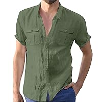 Mens Cotton Linen Shirts Summer Casual Short Sleeve Lightweight Button Down Work Shirts with Pocket Beach Hippie Shirt