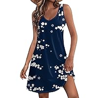 Summer Clothing for Women Floral Dress for Women 2024 Summer Vintage Casual Trendy Beach Slim Fit with Sleeveless V Neck Tank Dresses Dark Blue XX-Large
