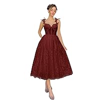 Maxianever Plus Size Lace Tulle Long Prom Dresses Spaghetti Straps Flower Women’s Wedding Gowns Tea Length Corset Burgundy US26W