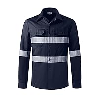 GMOIUJ Reflective Stripes Workwear Men Shirt Construction Long Sleeve Cotton Shirts Sun Protection