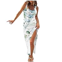 Summer Dresses 2024 Fashion Sleeveless Floral Printed Ribbed Drawstring Sundress Ruched Sexy High Slit Maxi Dress