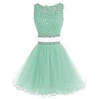 Two Pieces Prom Dresses Short Tulle Lace Applique Beaded Homecoming Dress